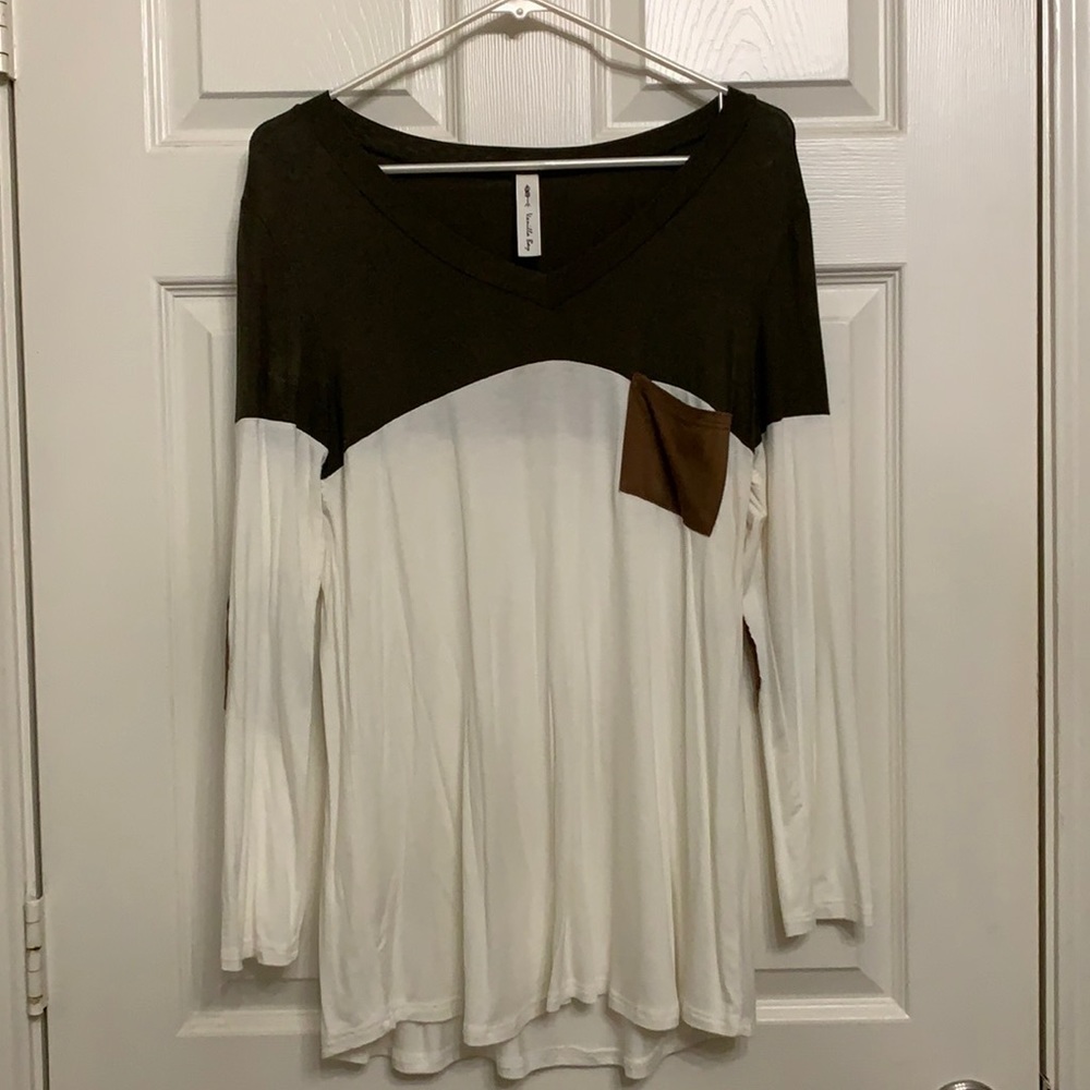 Green and cream long sleeve top